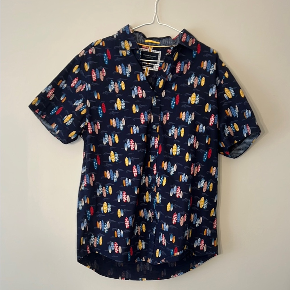Denim & Flower Casual Blue Button Down Shirt with Surf Board Design
